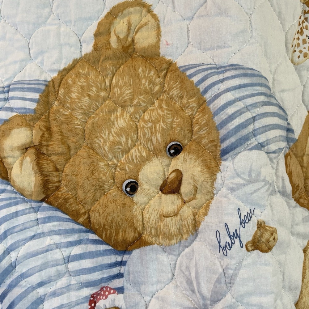 Baby Blanket Quilt Blue White Green Bear Giraffe Toy Satin VTG Cottage Farm Boho - Picture 4 of 11